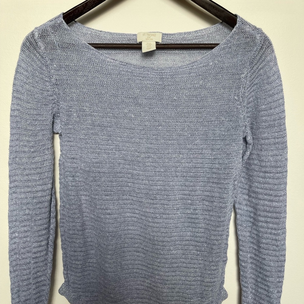 St Tropez West Blue Light Knit Linen Top LongSleeves Boat Neck Women size Medium